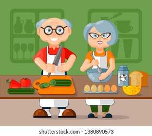 Beautiful elderly family couple in aprons cooking healthy fresh morning breakfast in kitchen together.  Elderly happy husband and wife for many years together. Love and care strong family. Flat vector