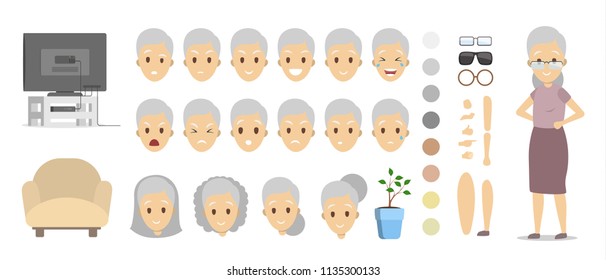 Beautiful elderly woman character set for animation with various views, hairstyles, face emotions, poses and gestures. Front view. Isolated vector illustration in cartoon style