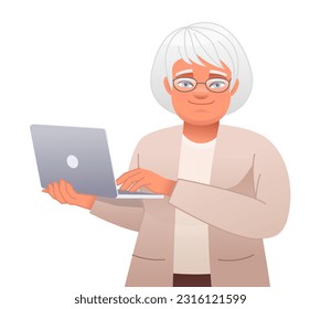 Beautiful elderly woman in glasses works at a laptop. Old gray-haired grandmother holds a personal computer in her hand. Vector cartoon illustration isolated on white background.