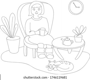 A beautiful elderly woman sits at home in an armchair and drinks tea, a cat sleeps nearby. Household chores and leisure, family values. Vector illustration