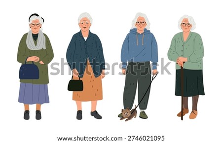 Beautiful elderly women set. Collection of cute grandmothers. Beauty of senior age old people