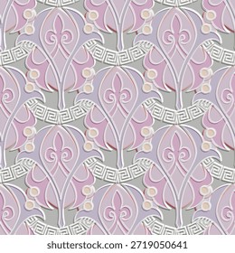 Hermosa elegancia 3D en relieve sin patrón con damasco floral púrpura y motivos de meandro clave griega. Fondo de relieve texturizado para Fondo de pantalla de lujo, textiles y diseño interior decorativo.