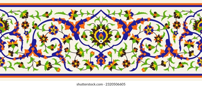 Beautiful Elegance Arabic Floral Seamless Border with doodles, flowers, and paisley. Traditional Islamic Background for print on product or adult coloring book, coloring page. Mosque decoration elemen