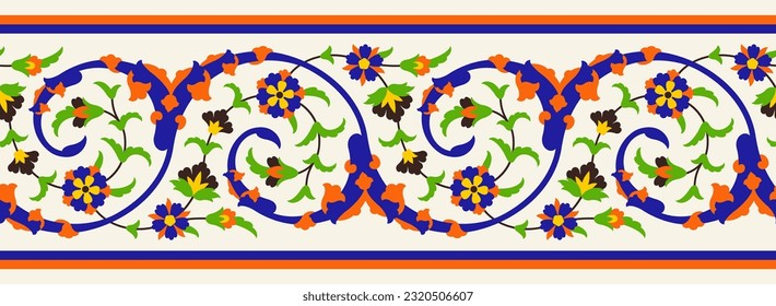 Beautiful Elegance Arabic Floral Seamless Border with doodles, flowers, and paisley. Traditional Islamic Background for print on product or adult coloring book, coloring page. Mosque decoration elemen