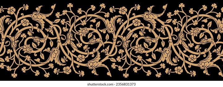 Beautiful Elegance Arabic Floral Seamless Border with doodles, flowers, and paisley. Traditional Islamic Background for print on product or adult coloring book, coloring page.