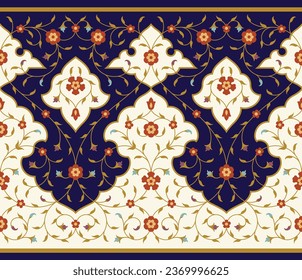 Beautiful Elegance Arabic Floral Seamless Border with doodles, flowers, and paisley. Traditional Islamic Background for print on product or adult coloring book, coloring page. Architectural element.