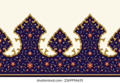 Beautiful Elegance Arabic Floral Seamless Border with doodles, flowers, and paisley. Traditional Islamic Background for print on product or adult coloring book, coloring page. Architectural element.