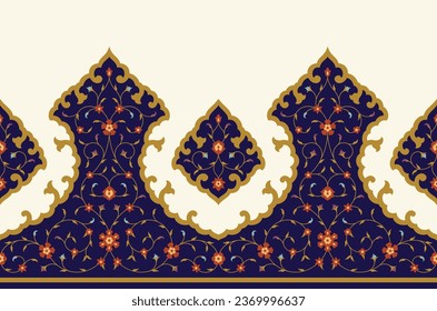 Beautiful Elegance Arabic Floral Seamless Border with doodles, flowers, and paisley. Traditional Islamic Background for print on product or adult coloring book, coloring page. Architectural element.