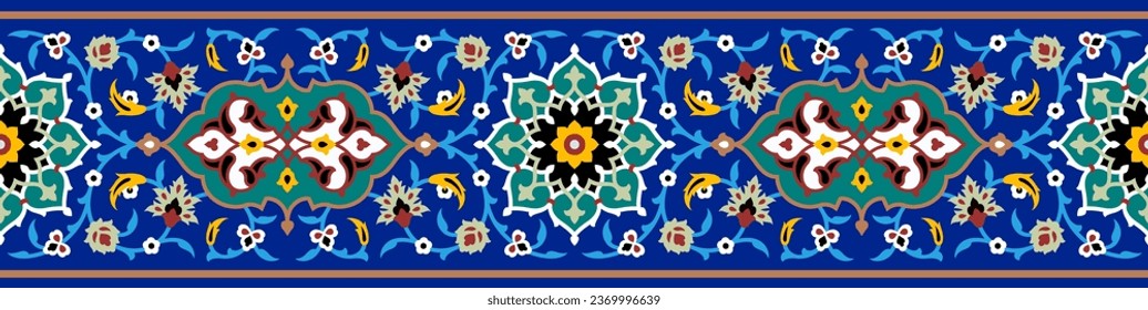 Beautiful Elegance Arabic Floral Seamless Border with doodles, flowers, and paisley. Traditional Islamic Background for print on product or adult coloring book, coloring page. Architectural element.