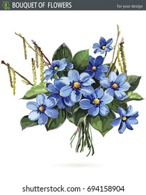 Beautiful elegance bouquet of blue hepatica, isolated on white background