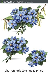 Beautiful elegance bouquet of blue hepatica, isolated on white background