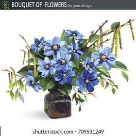 Beautiful elegance bouquet of hepatica, isolated on white background