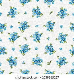 Beautiful elegance forget-me-not seamless pattern. Floral template for congratulation design, vector illustration. Use for textile, paper and wallpaper