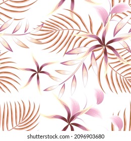 bonito y elegante fondo de flores abstractas rosa sin florituras, sin florituras, con plantas de hojas de palma beige y follaje sobre fondo blanco. fondo de verano. Papel mural de ilustraciones exóticas vintage