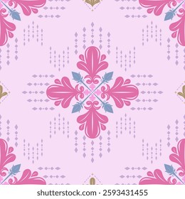 Beautiful Elegance of Pink Purple Vintage Florals and Geometrics Scroll Ornament. Seamless Royal Pattern Vector Rococo Fleur de lis Medieval Tribal Era's Design. Grid of Royal Diamond lilac Embroidery