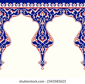 Beautiful Elegance Turkish Ottoman IZnik Floral Seamless Border with doodles, flowers, and paisley. Traditional Islamic Background for print on product or adult coloring book, coloring page. 