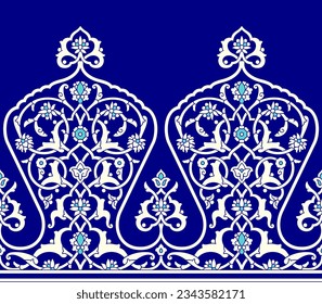 Beautiful Elegance Uzbekistan Floral Seamless Border. Traditional Islamic Background for print on product or adult coloring book, coloring page. Mosque decoration element. Architectural element. 