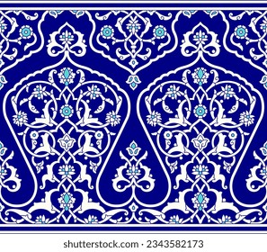 Beautiful Elegance Uzbekistan Floral Seamless Border. Traditional Islamic Background for print on product or adult coloring book, coloring page. Mosque decoration element. Architectural element. 