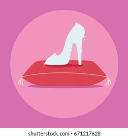 beautiful elegance vector Crystal glass shoe & diamonds or Ice clear & modern cinderella slipper on red pillow or cushion. beauty flat design princess girl for fashion & in the legend. 