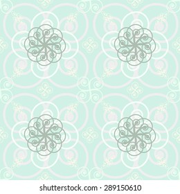Beautiful elegant abstract seamless print of roundish flourishes. Pink, turquoise, gray delicate pastel colors. Vector illustration for various creative projects