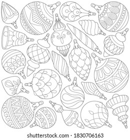 Beautiful and elegant assorted Christmas balls and decorations, Winter holiday illustration, Coloring page, black and white, line art, print and color, favorite holidays, I like winter