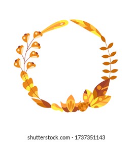 Beautiful elegant autumn frame decor. Natural color on leaves, berries, mushroom. Decoration for greeting card, banner, invitation. Flat vector illustration.