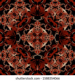 Beautiful elegant Baroque vector seamless pattern. Luxury ornamental Damask background. Floral elegance repeat backdrop. Gold vintage baroque Victorian style ornament with ornate flowers, leaves.