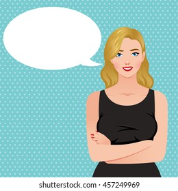 Beautiful elegant blond woman in a black dress and speech bubble Stock vector illustration