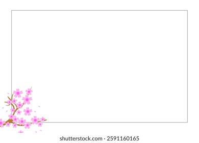 Beautiful elegant branch of Japanese cherry. Delicate pink flowers and sakura petals. Spring blooming. Seasonal phenomenon. Botanical ornament. Romantic atmosphere. Isolated white background. Frame.