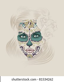 Beautiful and elegant Calavera Catrina or Sugar Skull Lady with detailed hair and face paint for Day of the Dead or Dia de los Muertos.