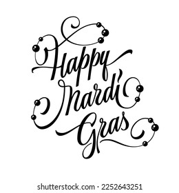 Beautiful elegant calligraphy lettering inscription - Happy Mardi Gras. The design is surrounded by a flourish of intricate lines and beads. Isolated vector typography design element.