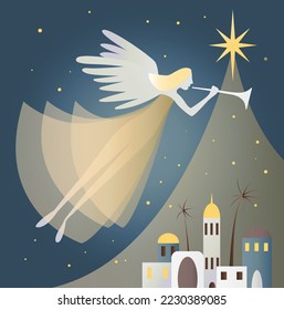 Beautiful elegant Christmas card with angel. Angel of the city at Christmas.