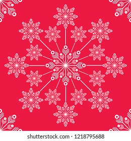 Beautiful elegant Christmas card. White snow flake element on a red background. Modern flat design. Vector illustration. Digital print.