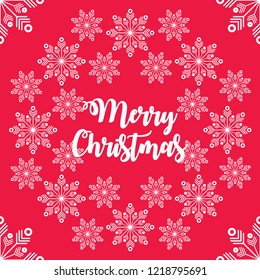 Beautiful elegant Christmas card. White snow flakes on a red background. Modern flat design. Vector illustration. Digital print.