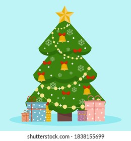 Beautiful elegant Christmas tree with gifts on a white background