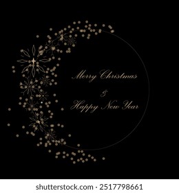 Beautiful elegant Christmas wreath. White wreath with golden snowflakes in dark background. New Year greeting, postcard.