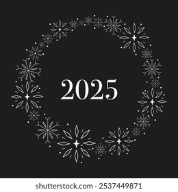 Beautiful elegant Christmas wreath. White wreath in black background. New Year greeting, postcard.