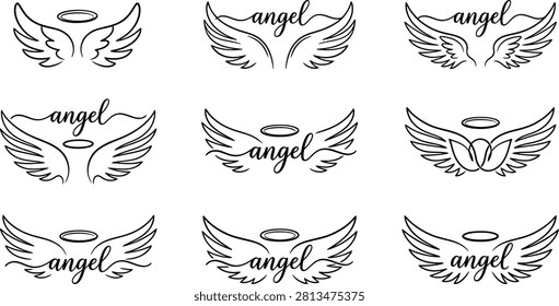 A beautiful and elegant collection of 9 angel wings and halo vector designs. This high-quality set showcases a variety of minimalist black line art illustrations of spread divine wings, some paired with holy circular halos. The designs beautifully integrate the word 'angel' in a stylish, flowing script calligraphy font in different layouts. Perfect for creating custom memorial or sympathy greeting cards, aesthetic tattoo artwork, religious Christian graphics, fashion apparel prints like t-shirts and hoodies, and graceful logo branding. Clean outline vector graphics easily customizable and isolated on a white background