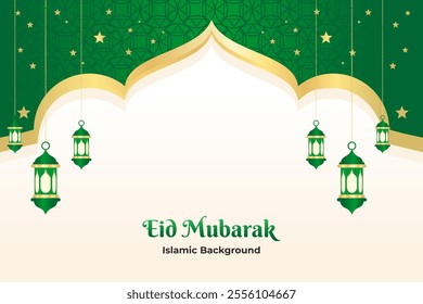 A beautiful and elegant Eid Mubarak background featuring a vibrant green color palette with intricate golden details. traditional Islamic elements such as arches, stars, and hanging lanterns