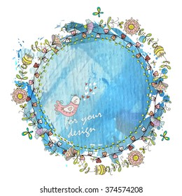 Beautiful elegant floral wreath round frame, hand-drawn doodle style, vintage. The symbol of spring, summer, nature.