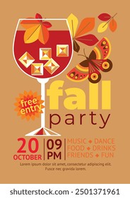 Beautiful elegant flyer template for a leaf fall party with a glass of wine, leaves and a butterfly. Autumn background with cocktail, leaves and butterfly. Invitation, banner, poster.