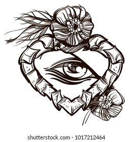 Beautiful elegant frame in the shape of a heart with a magical eye. Contour illustrations for the creation of tattoos, coloring, clothing design and printed products.