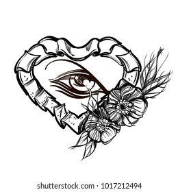 Beautiful elegant frame in the shape of a heart with a magical eye. Contour illustrations for the creation of tattoos, coloring, clothing design and printed products.