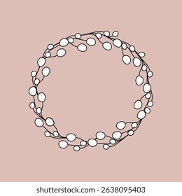 Beautiful elegant frame with white flowers on  beige background. Romantic floral arrangement. Round frame. Flat design. One icon isolated on  beige background.