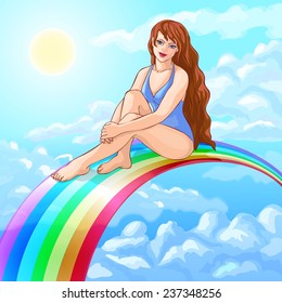 Beautiful elegant girl with long brown hair sitting on a rainbow against the sky, sun and clouds.