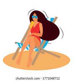 Beautiful elegant girl is relaxing on chaise lounge on beach an. A poster with a summer girl relaxing on a deck chair with a cocktail in hand. Template for advertising banner, perspective view.