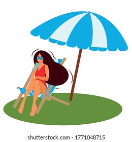 Beautiful elegant girl is relaxing on chaise lounge on beach an. A poster with a summer girl relaxing on a deck chair with a cocktail in hand. Template for advertising banner, perspective view.