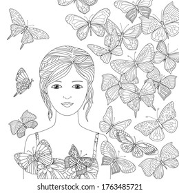 beautiful elegant girl surrounded by flying butterflies for your coloring book