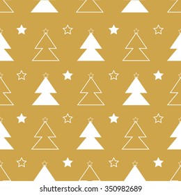 Beautiful elegant golden Christmas seamless pattern with white pine trees and stars