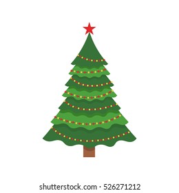 Beautiful Elegant Green Christmas Tree. Bright Garland. Vector Illustration On A White Background. Modern Flat Design.